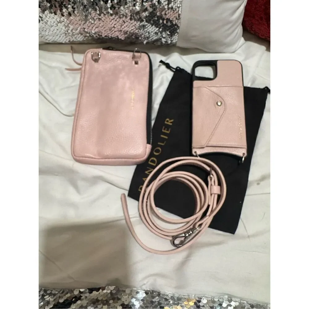 Bandolie donna iPhone 13 case & pink leather crossbody /belt/strap set w/pouch